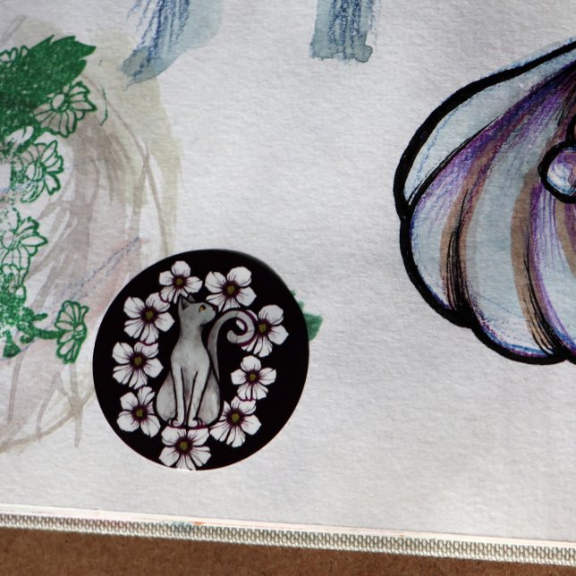 White cat flowers floral sakura cats flowers art   classic round sticker (Creator Uploaded)