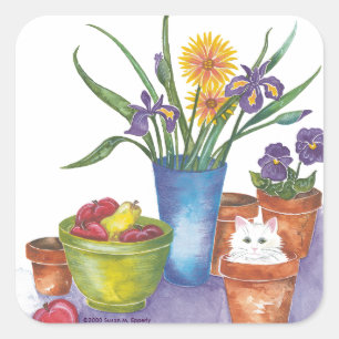 White Cat Fruit Flowers Watercolor "Liliana" Square Sticker