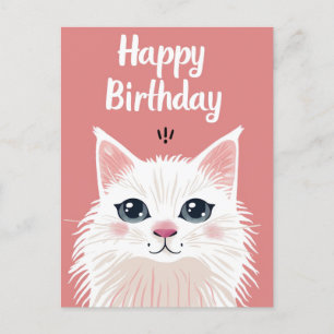 White cat happy birthday postcard