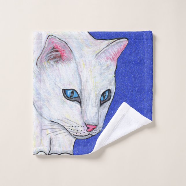 White Cat Head Face Bright Blue Eyes Wash Cloth (Wash Cloth)