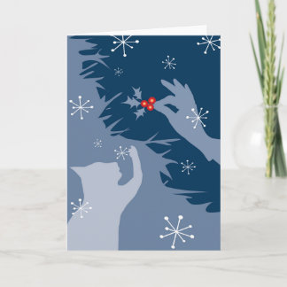 White Cat & Holly, in midnight, Holiday/xmas Card