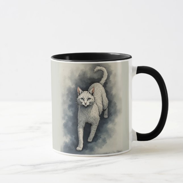White Cat in a Chinese Ink Drawing Style Mug (Right)