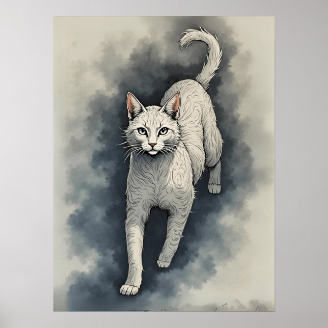 White Cat in a Chinese Ink Drawing Style Poster (Front)