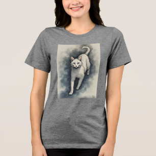 White Cat in a Chinese Ink Drawing Style Tri-Blend Shirt