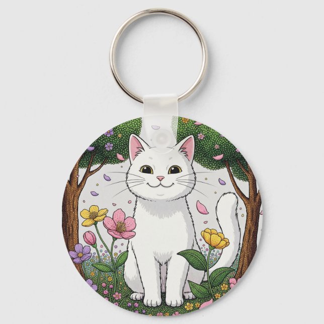 White Cat in a Colorful Garden Key Ring (Front)