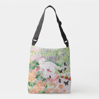 White Cat in a Garden Cross Body Bag