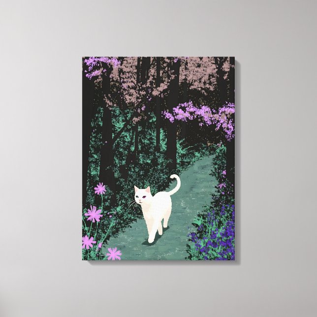 White Cat in An Old Forest Path Canvas Print (Front)