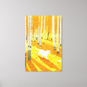 White Cat in Aspen Forest Illustration Art Canvas Print