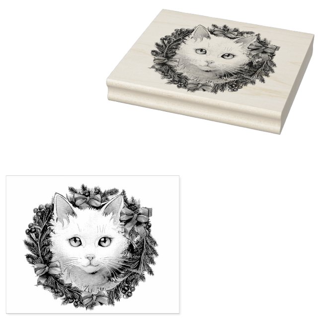 White Cat in Christmas Wreath Watercolor Painting, Rubber Stamp (Stamped)