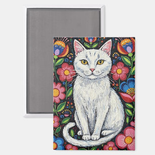White Cat in Colourful Folk Art Flowers Magnet