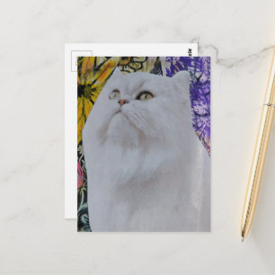 White Cat in Flowers collage Postcard