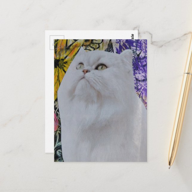 White Cat in Flowers collage Postcard (Front/Back In Situ)