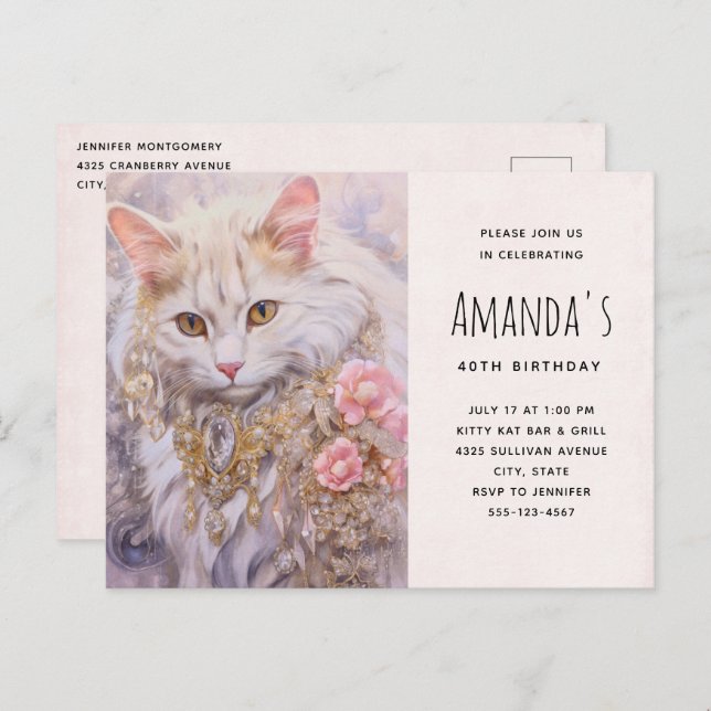 White Cat in Gold and Diamonds Birthday Invitation (Front/Back)