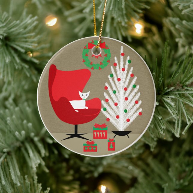 White Cat in Mid Century Christmas Room Ceramic Tree Decoration (Tree)