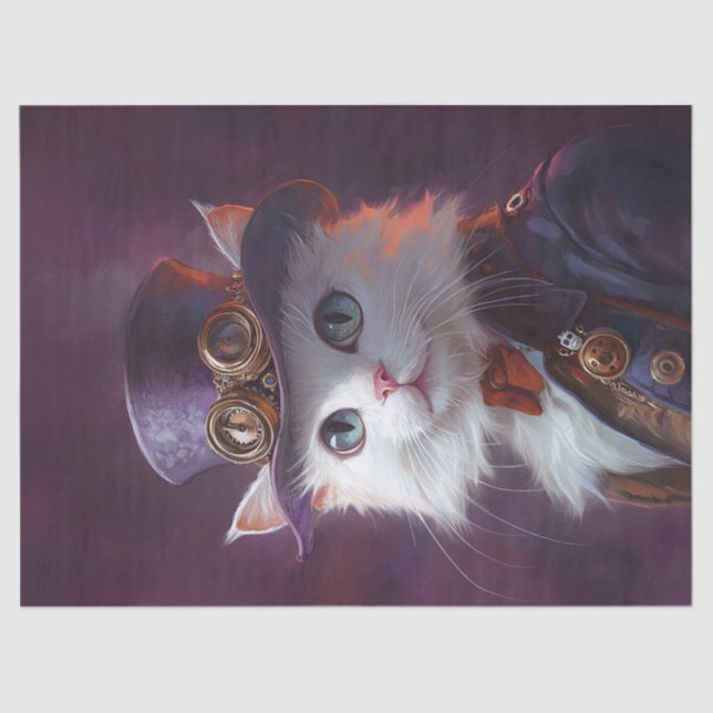 White Cat in Steampunk Costume Decoupage Tissue Paper (Front)