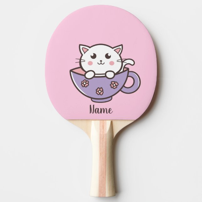 White cat in the mug ping pong paddle (Front)