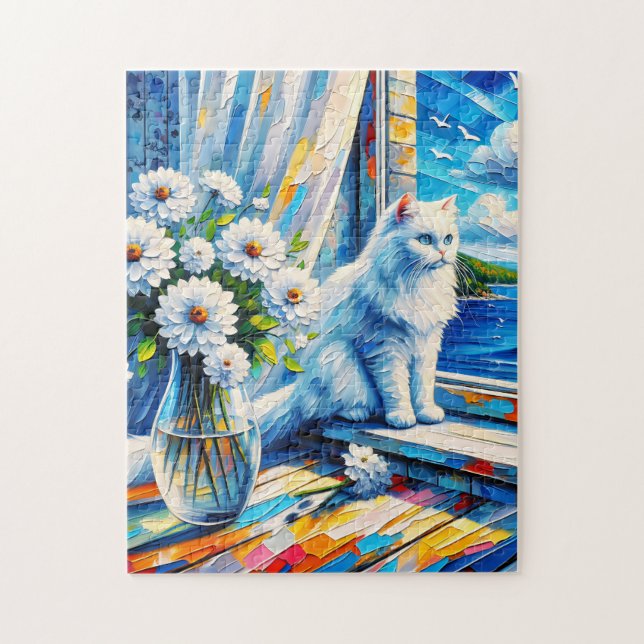 White Cat in Window sill Looking out at the Ocean Jigsaw Puzzle (Vertical)