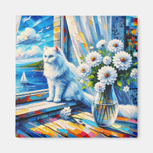 White Cat in Window sill Looking out at the Ocean Magnet