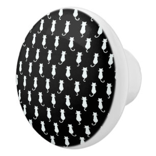 White Cat Isolated on Black Polka Dot Pattern Ceramic Knob