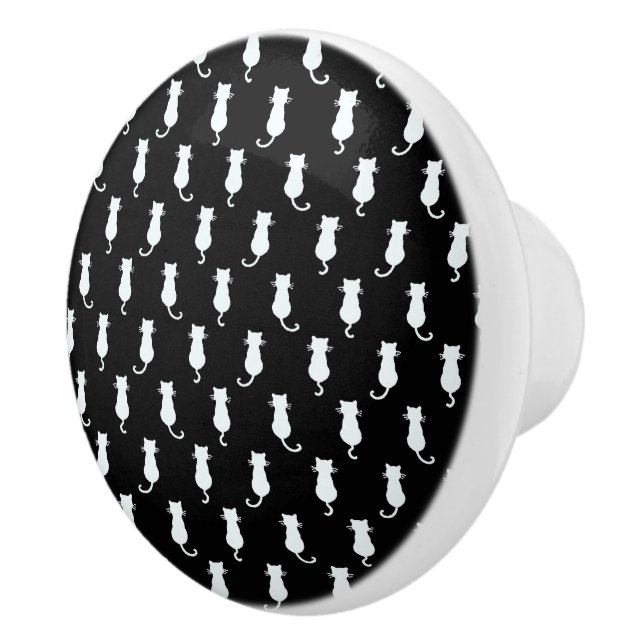 White Cat Isolated on Black Polka Dot Pattern Ceramic Knob (Right)