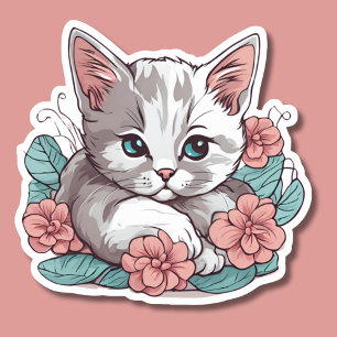 White Cat Laying in Pink Flowers Waterproof 