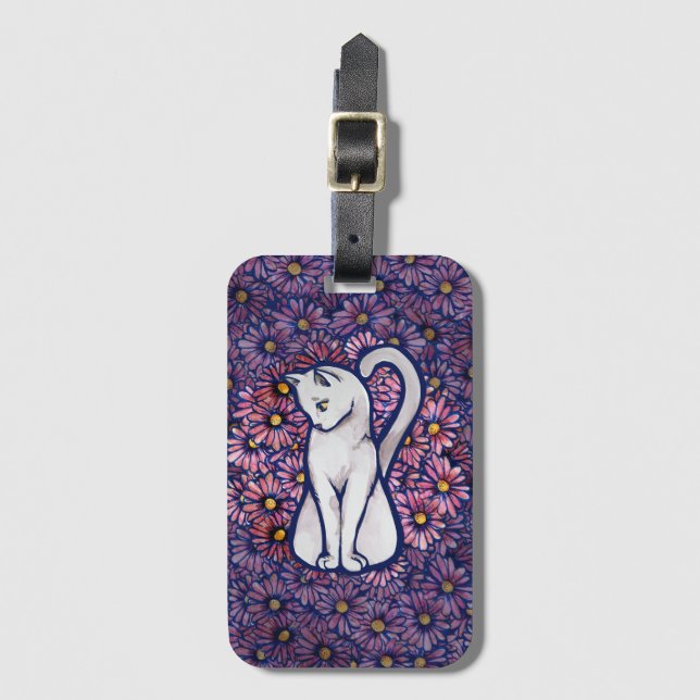White Cat Mauve Daisies                            Luggage Tag (Front Vertical)