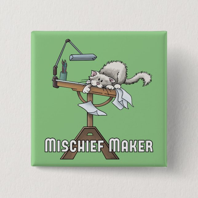 White Cat Mischief Maker  Button (Front)