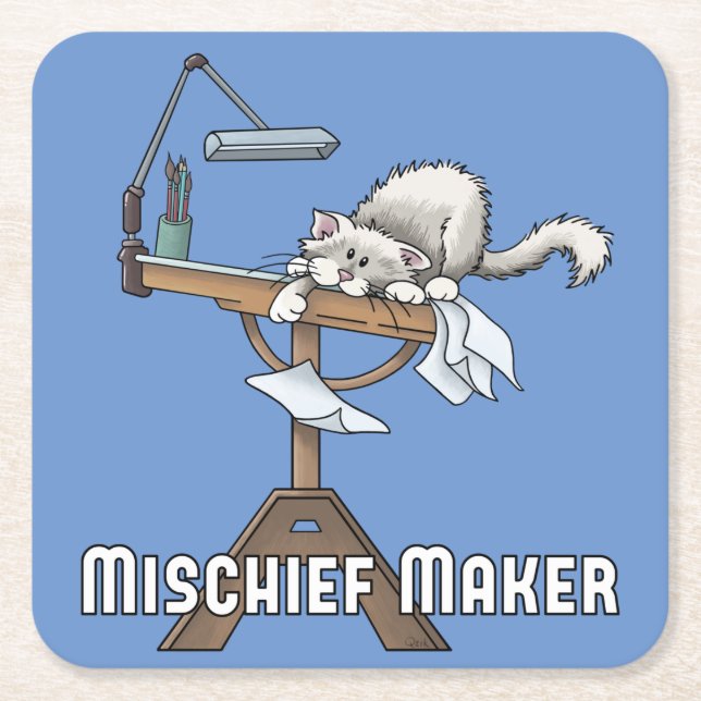 White Cat Mischief Maker  Square Paper Coaster (Front)