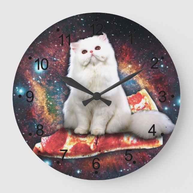 White cat on the pizza large clock (Front)