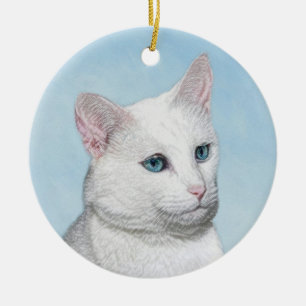 White Cat Painting - Cute Original Cat Art Ceramic Tree Decoration