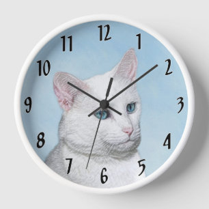 White Cat Painting - Cute Original Cat Art Clock