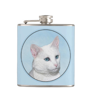 White Cat Painting - Cute Original Cat Art Hip Flask