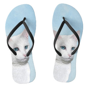 White Cat Painting - Cute Original Cat Art Jandals