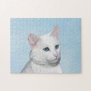 White Cat Painting - Cute Original Cat Art Jigsaw Puzzle