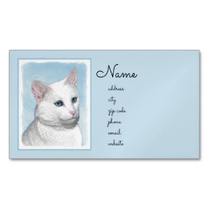 White Cat Painting - Cute Original Cat Art Magnetic Business Card