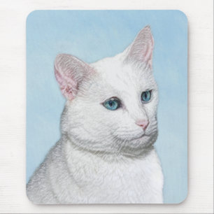 White Cat Painting - Cute Original Cat Art Mouse Pad