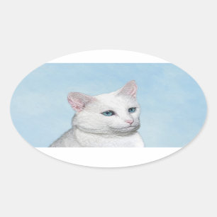 White Cat Painting - Cute Original Cat Art Oval Sticker