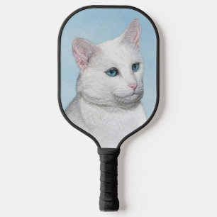 White Cat Painting - Cute Original Cat Art Pickleball Paddle