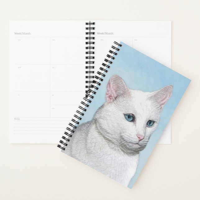 White Cat Painting - Cute Original Cat Art Planner (Display)