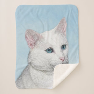White Cat Painting - Cute Original Cat Art Sherpa Blanket