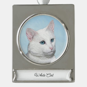 White Cat Painting - Cute Original Cat Art Silver Plated Banner Ornament