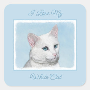 White Cat Painting - Cute Original Cat Art Square Sticker