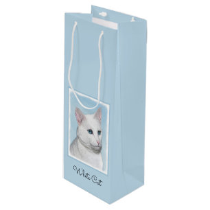 White Cat Painting - Cute Original Cat Art Wine Gift Bag