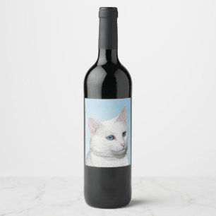 White Cat Painting - Cute Original Cat Art Wine Label