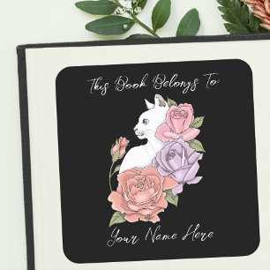 White Cat Pastel Floral Black Romantic Bookplate Square Sticker