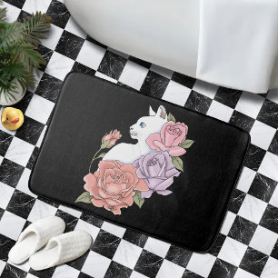 White Cat Pastel Floral Black Romantic Botanical Bath Mat