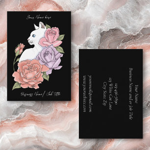 White Cat Pastel Floral Black Romantic Botanical Business Card