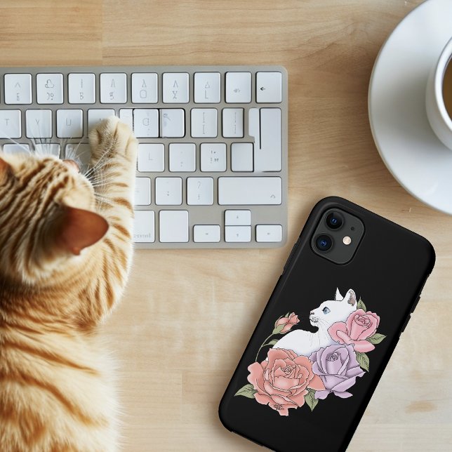 White Cat Pastel Floral Black Romantic Botanical Case-Mate iPhone Case (Creator Uploaded)
