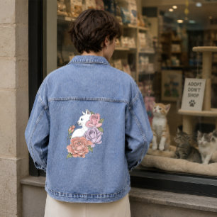 White Cat Pastel Floral Black Romantic Botanical Denim Jacket