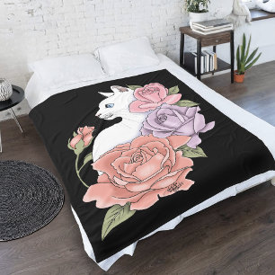 White Cat Pastel Floral Black Romantic Botanical Fleece Blanket